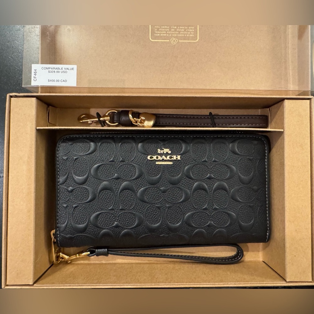 Coach Black Textured Wristlet with Gold Accents